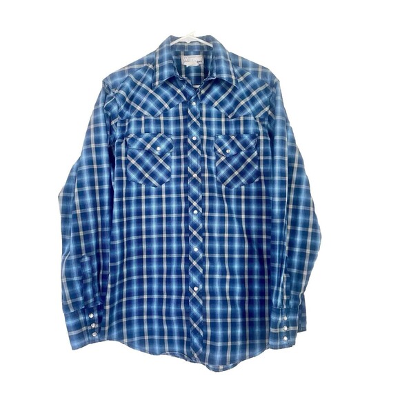 Wrangler Wrancher Mens Blue Plaid Long Sleeve Pearl Button Snap Shirt -Size Med - Picture 1 of 12